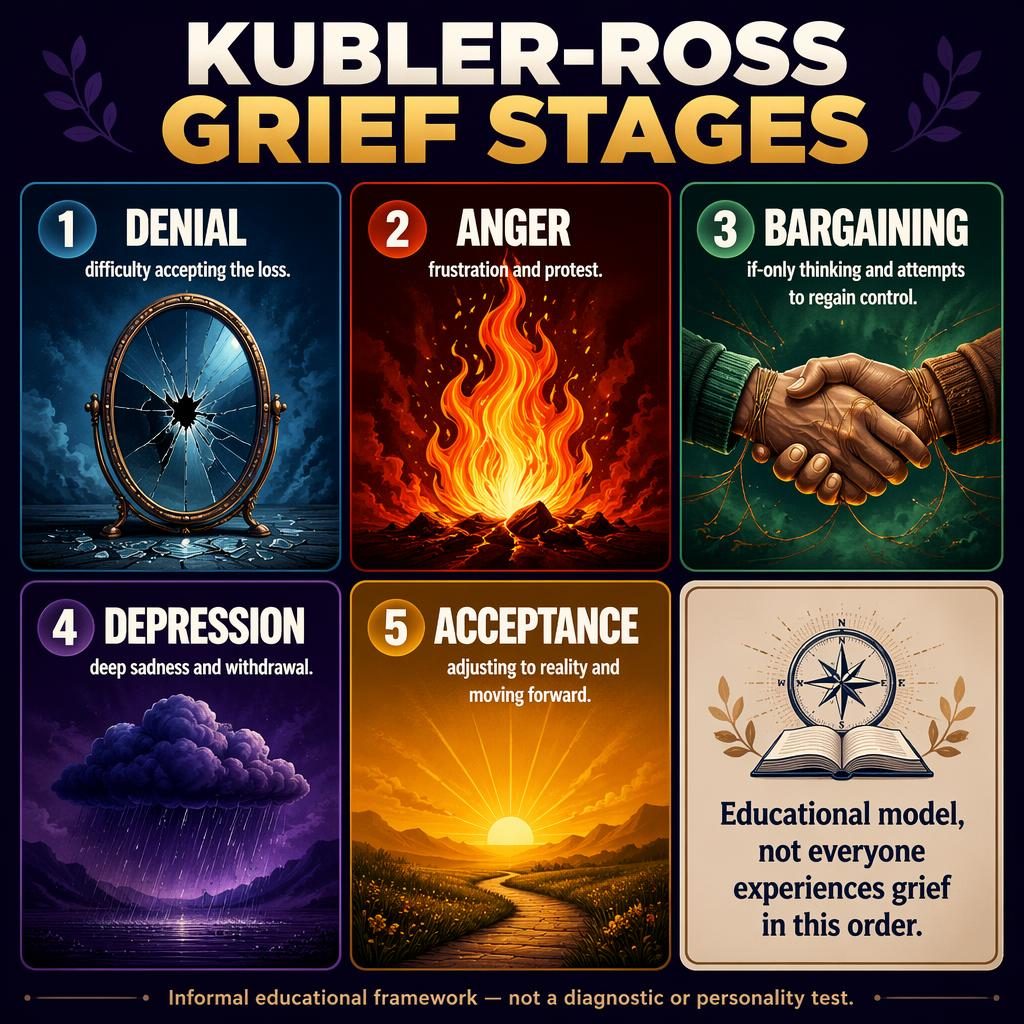 Psychology infographic poster with a 3x2 grid of five grief stage cards and one educational note card, bold icons and footer.