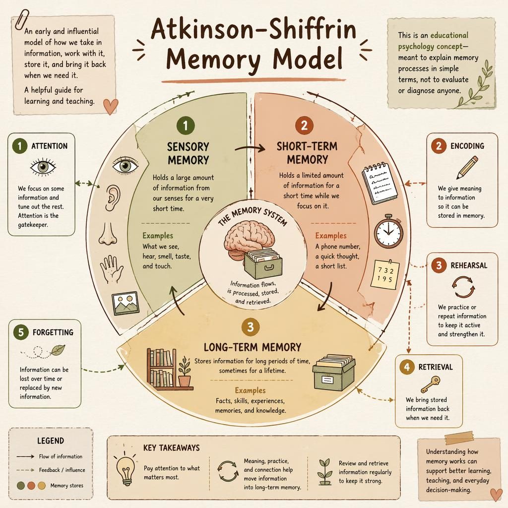 Sketchnote-style psychology wheel infographic showing the Atkinson–Shiffrin memory model with memory stages and callout cards.