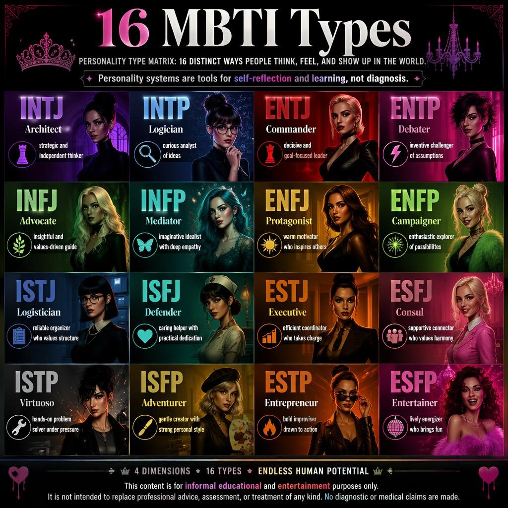 Editorial psychology infographic showing a 4x4 grid of 16 MBTI type cards with icons, silhouettes, gradients, and English traits.