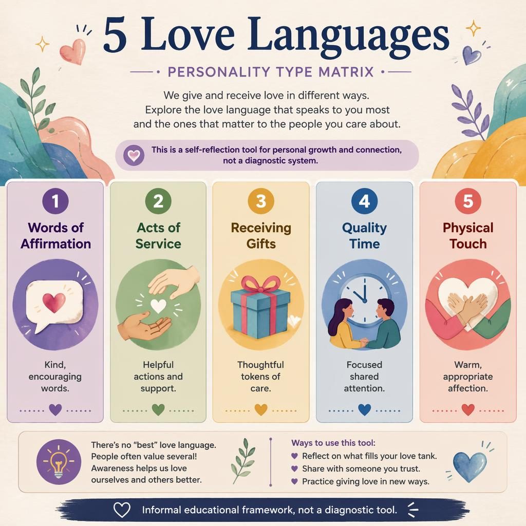 Editorial infographic with 5 numbered love language cards, icons, muted rainbow palette, and educational footer note.