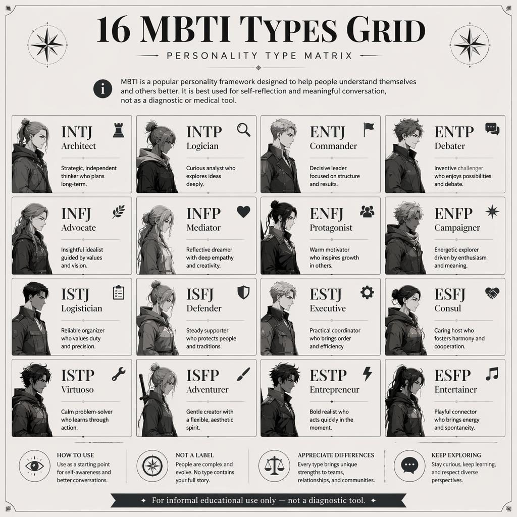 Minimal monochrome infographic showing a 4x4 grid of 16 MBTI types with traits, icons, silhouettes, and footer note.