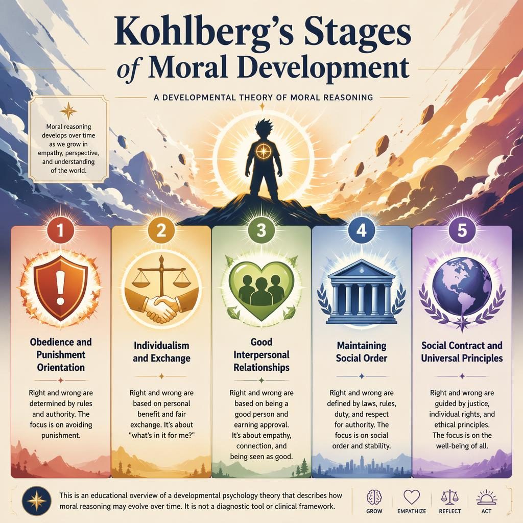 Five-card psychology infographic on Kohlberg's stages with numbered icons, muted rainbow palette, soft gradients, and footer note.