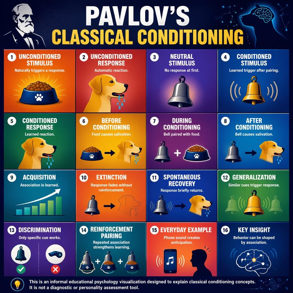 4x4 psychology infographic on Pavlov's classical conditioning with 16 labeled panels, icons, bold gradients, and footer note.