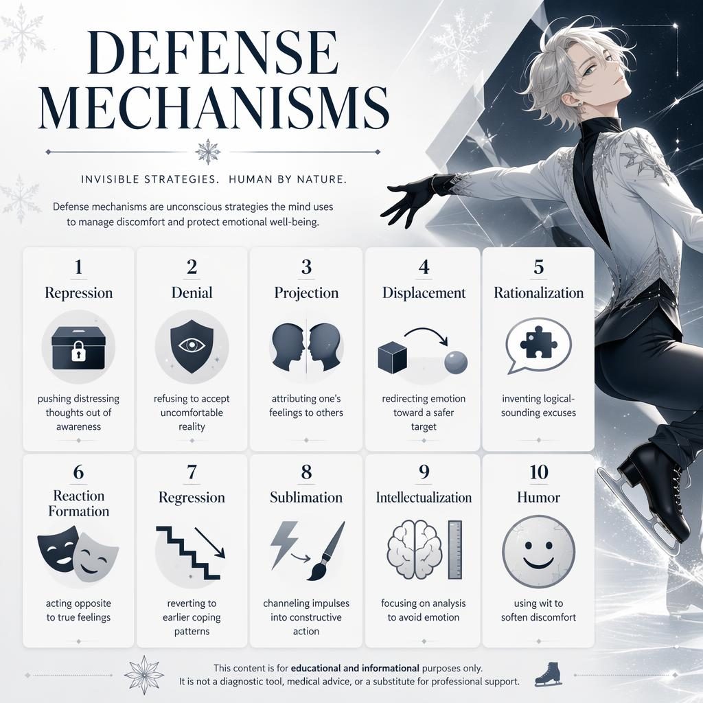Monochrome psychology infographic poster with 10 numbered defense mechanism cards, icons, English captions, and anime-inspired ice-skater styling.