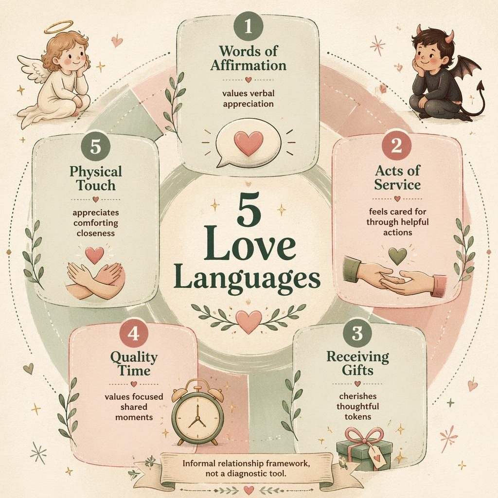 Editorial infographic with 5 numbered love language cards in a circular layout, sage and blush palette, icons, and tiny angel devil motifs.
