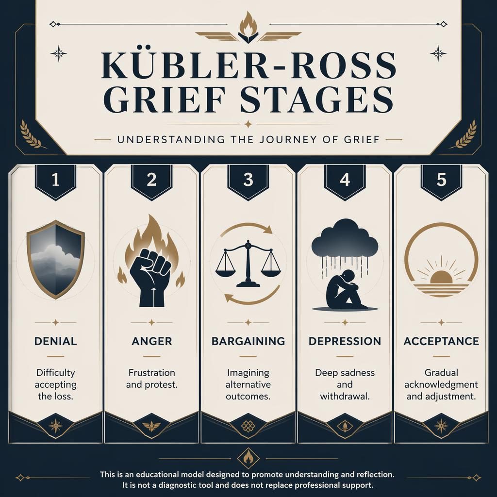 Monochrome psychology poster with 5 numbered grief stage cards, simple icons, editorial grid, and subtle flame accents.