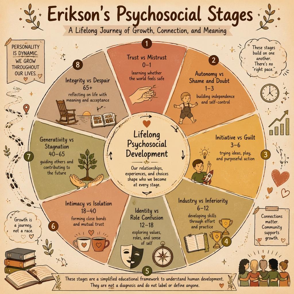 Sketchnote infographic wheel of Erikson’s 8 psychosocial stages with icons, age ranges, captions, and warm earth tones.