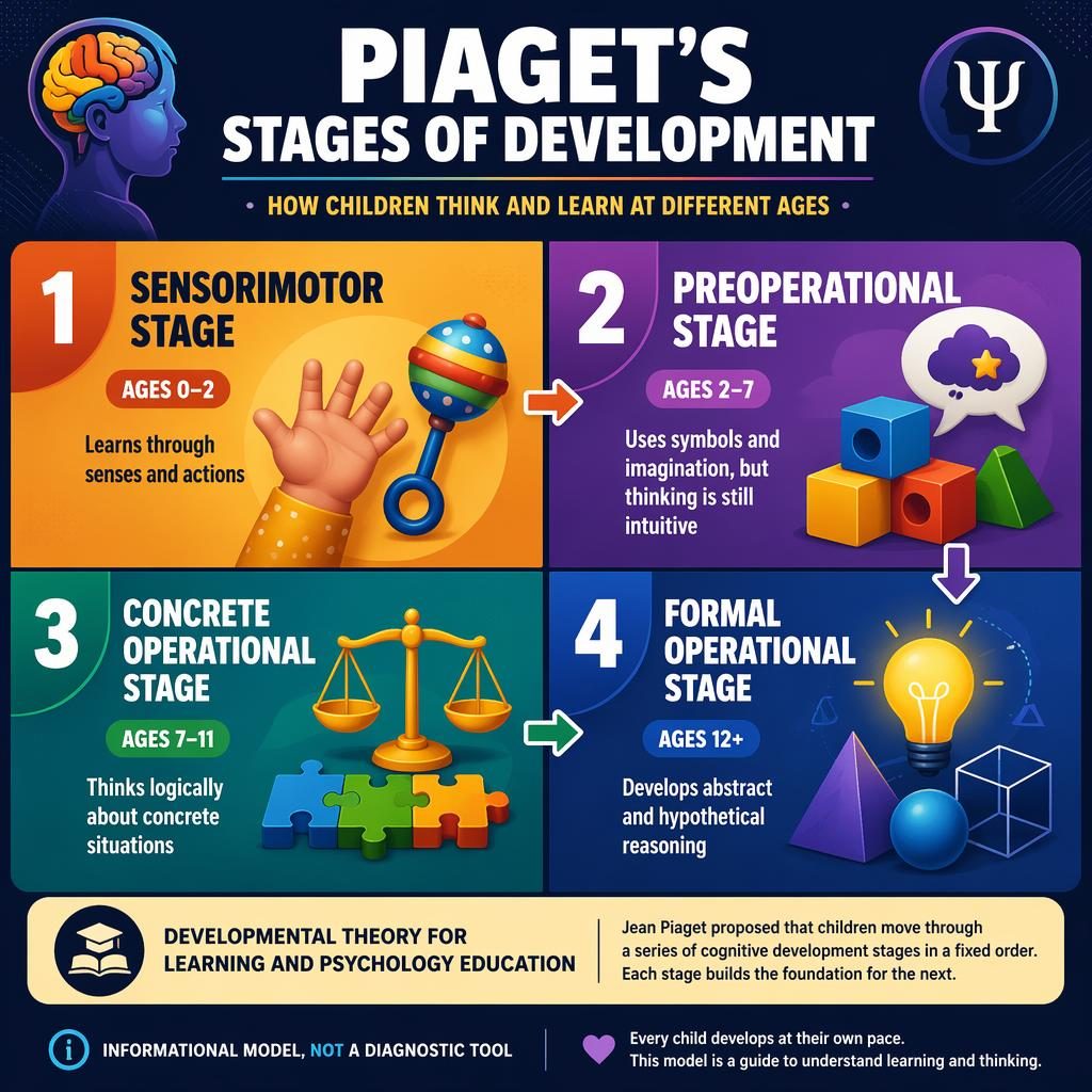Educational 2x2 infographic of Piaget's stages with four panels, age ranges, icons, arrows, bold gradients, and footer note.