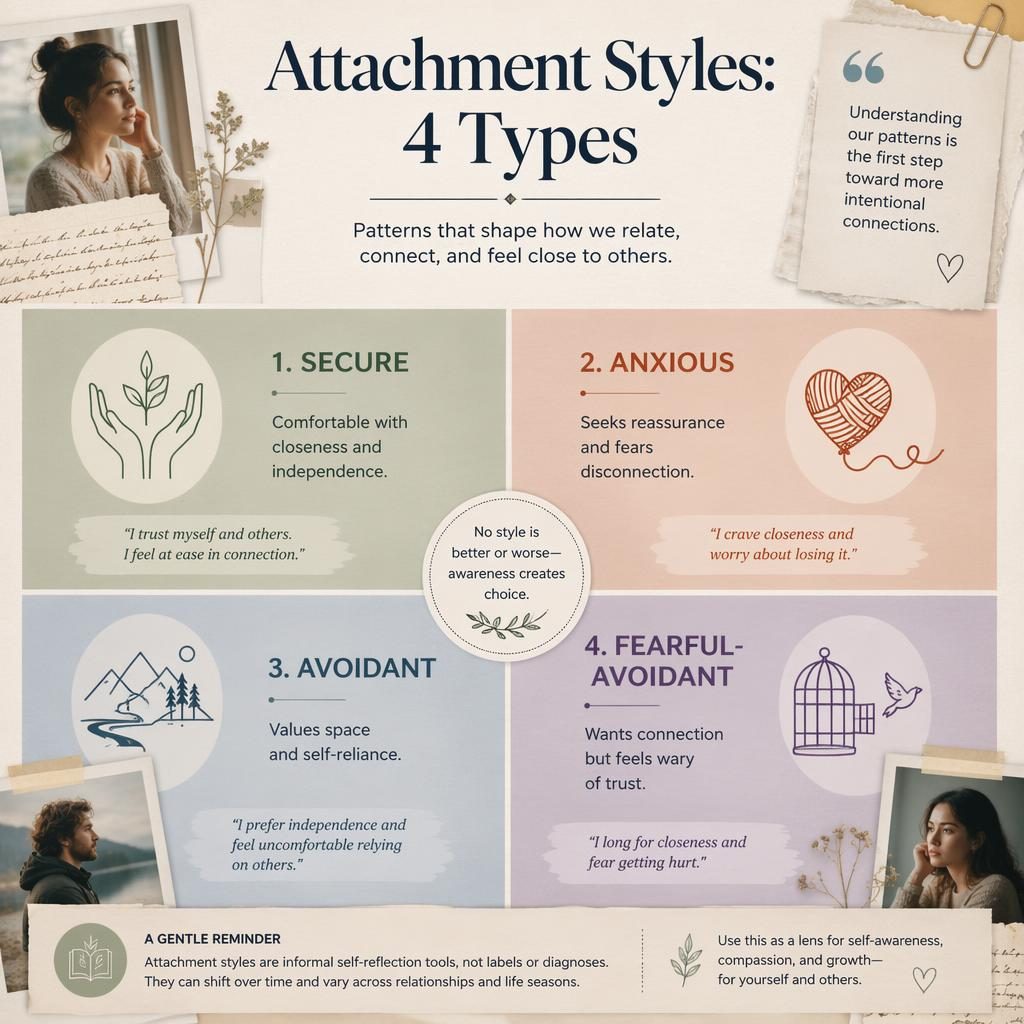 Editorial psychology infographic showing 4 attachment styles in a muted rainbow quadrant with icons, captions, and note.