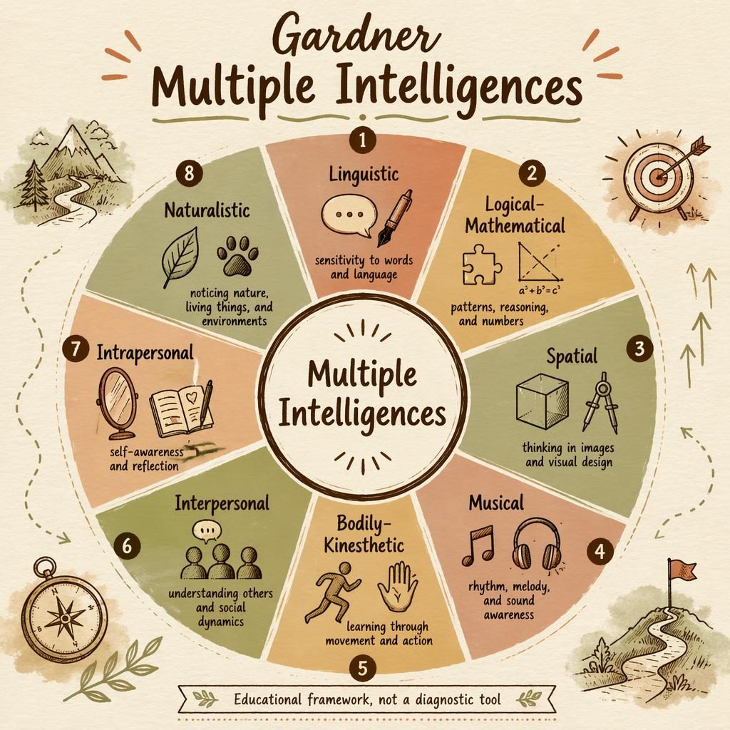 Sketchnote-style wheel infographic of 8 multiple intelligences with icons, warm earth tones, and educational footer note.