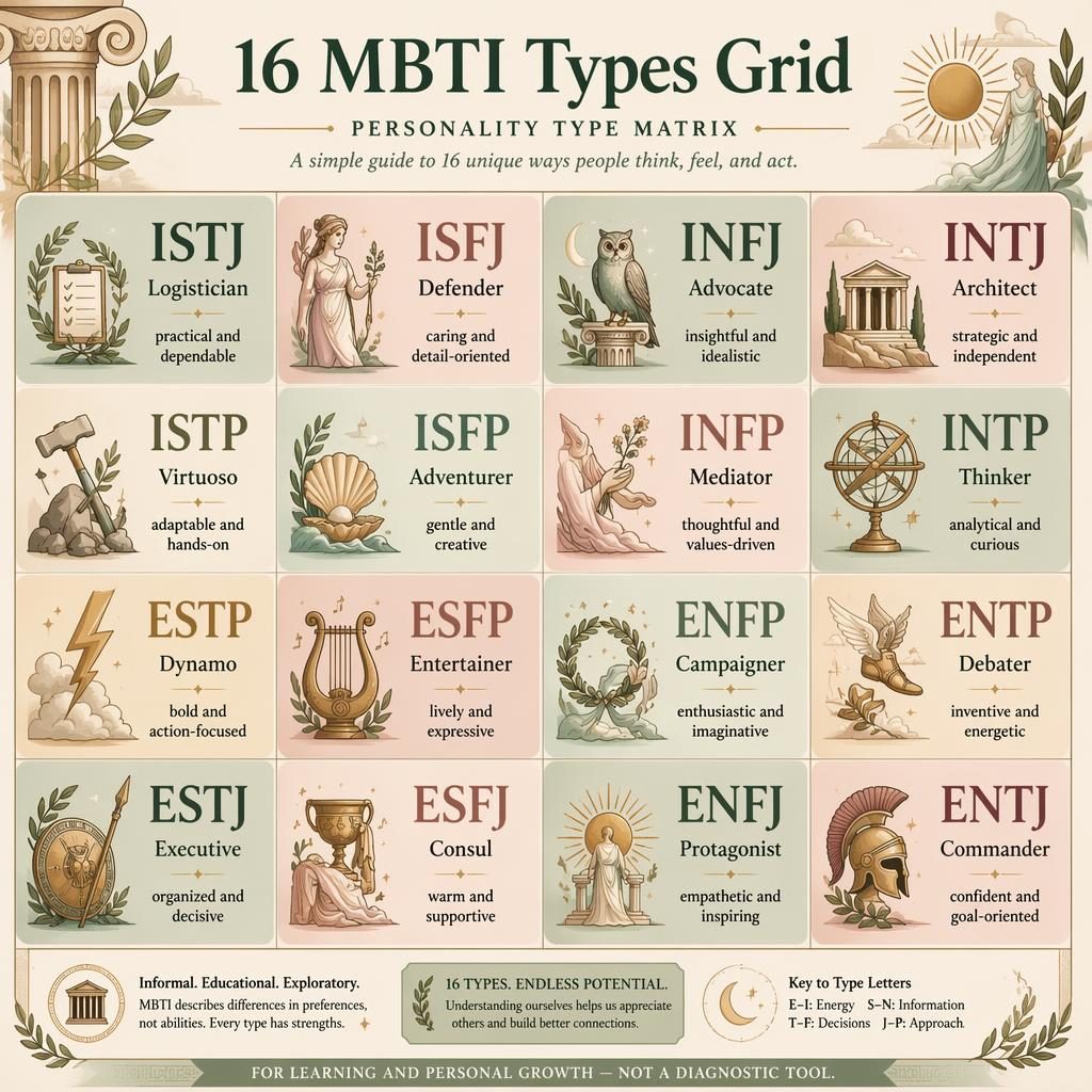Warm illustrated 4x4 MBTI types grid infographic with sage and blush cards, traits, and Greek mythology-inspired icons.