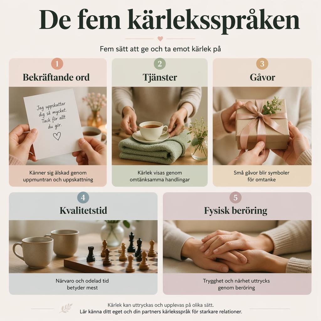 Infografik i 5 kort om de fem kärleksspråken med händer, gåva, te, lappar och fysisk beröring i pastelltoner.