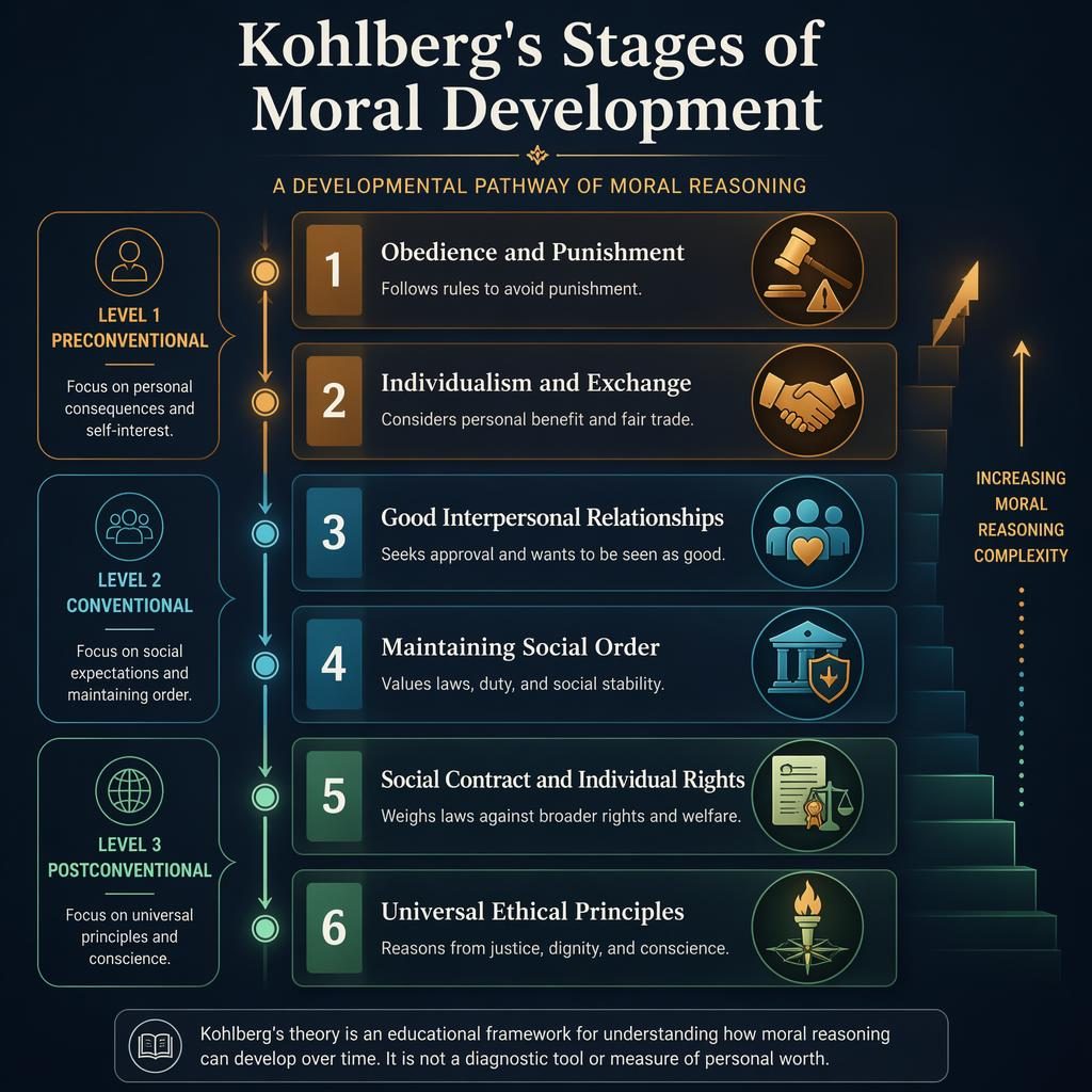 Dark mode infographic with 6 numbered cards showing Kohlberg's stages of moral development, grouped into 3 levels with icons and arrows.