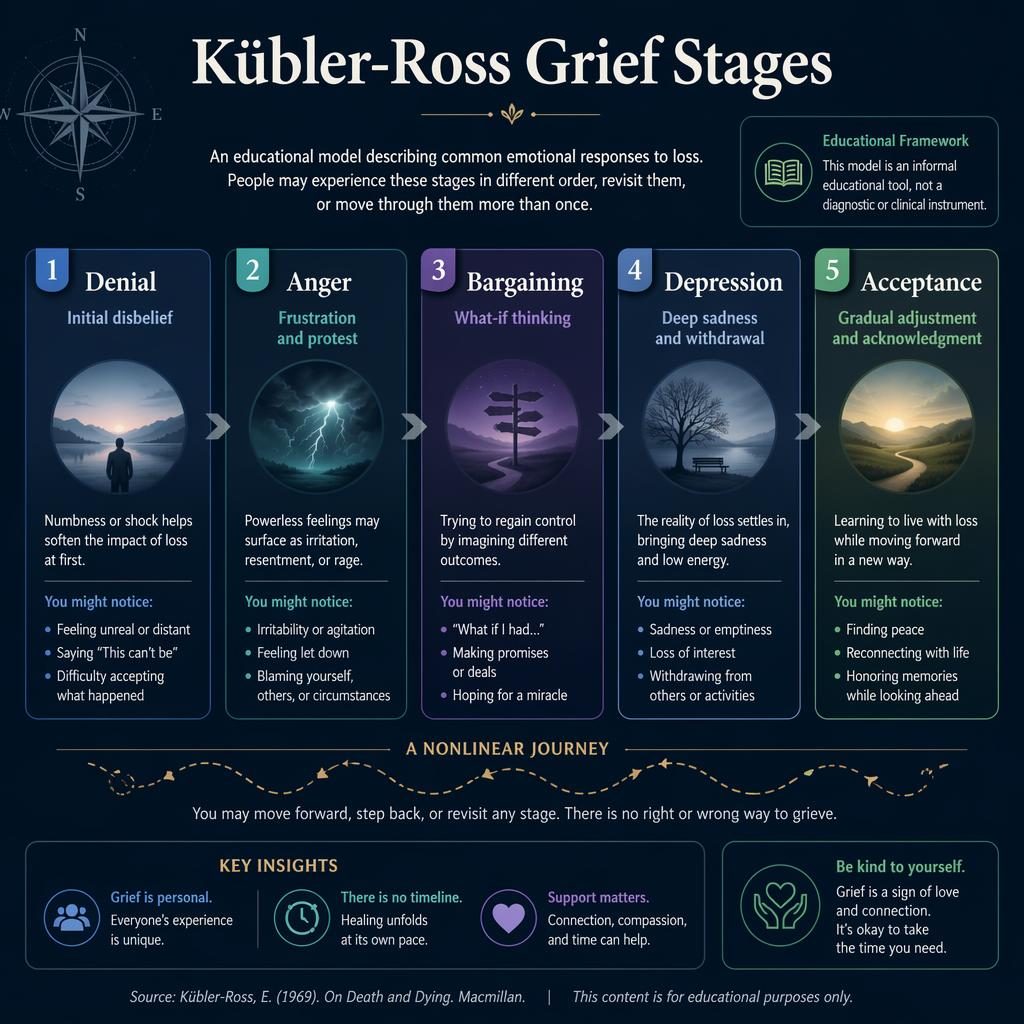 Dark mode psychology infographic with 5 numbered cards showing grief stages, icons, flow arrows, and textbook-style callouts.
