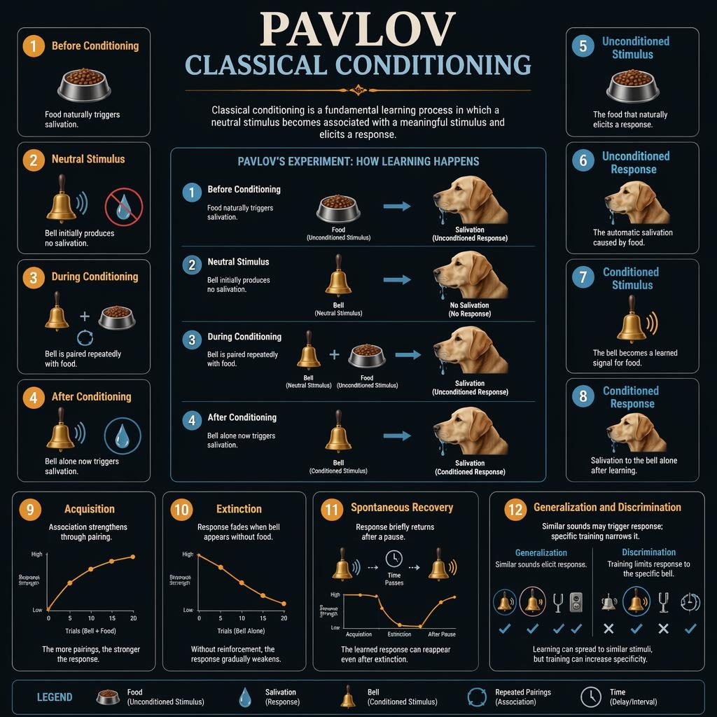 Dark-mode psychology infographic with numbered cards showing Pavlov dog, bell, food, salivation, arrows, and flowchart panels.