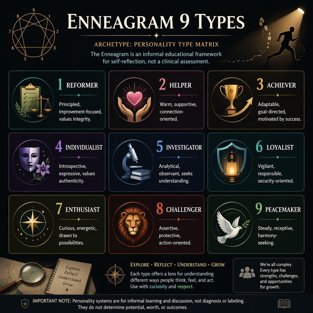 Dark-mode Enneagram 9 Types infographic in a 3x3 grid with nine numbered cards, icons, subtitles, and footer notes.