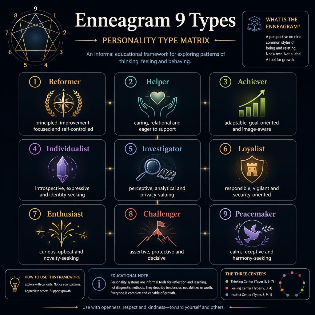 Infografía de psicología en modo oscuro con 9 tarjetas del eneagrama en matriz 3x3, iconos elegantes y nota educativa.