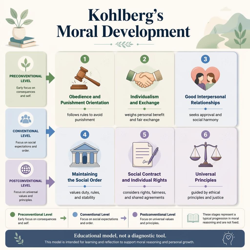 Pastel psychology infographic showing Kohlberg's 6 moral development stages in a 2x3 grid with icons, arrows, legend, and footer note.