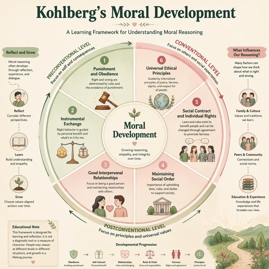Warm editorial wheel infographic on Kohlberg's Moral Development with 6 numbered stages, grouped into 3 moral reasoning levels.