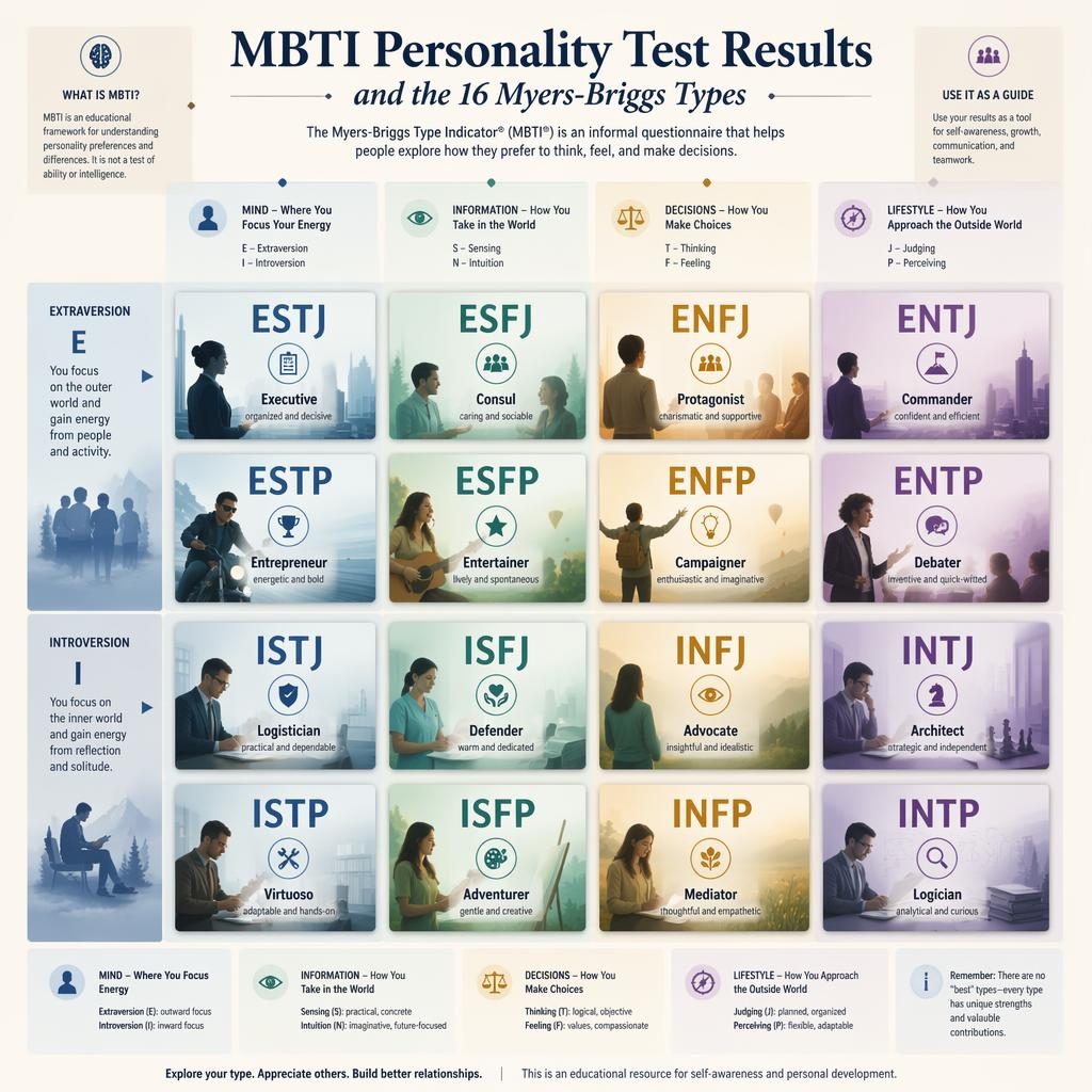 Infografika psychologiczna z siatką 4x4, pokazująca 16 typów MBTI w pastelowym układzie kart z wykresami.