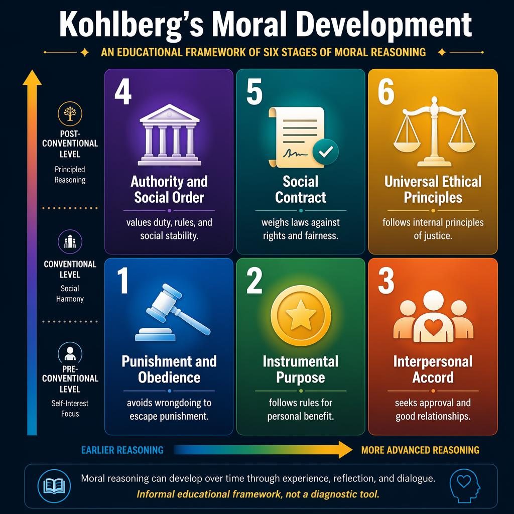 Educational 2x3 infographic on Kohlberg's Moral Development with 6 gradient stage panels, icons, arrows, and footer note.