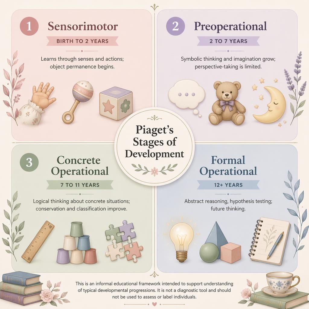 Pastel 2x2 infographic of Piaget’s four developmental stages with icons, age labels, center badge, dividers, and footer note.