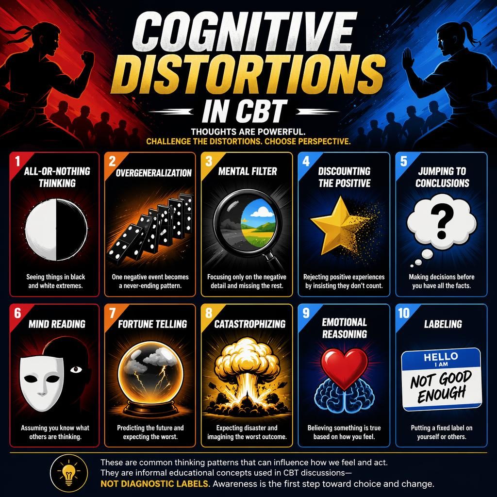Editorial psychology poster grid with 10 CBT cognitive distortion cards, bold red-blue-gold gradients, icons, captions, and footer note.