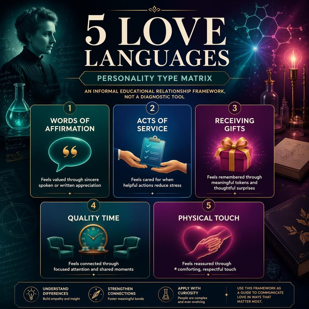 Editorial infographic with 5 bold gradient cards for love languages, icons, subtitles, and vintage science-inspired accents.