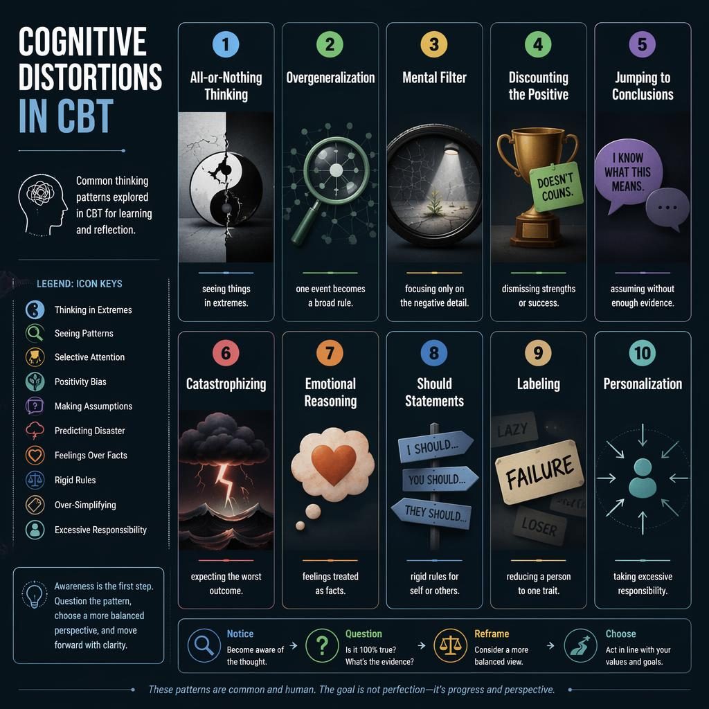 Póster infográfico oscuro con 10 tarjetas numeradas sobre distorsiones cognitivas, iconos comparativos y barra educativa lateral.