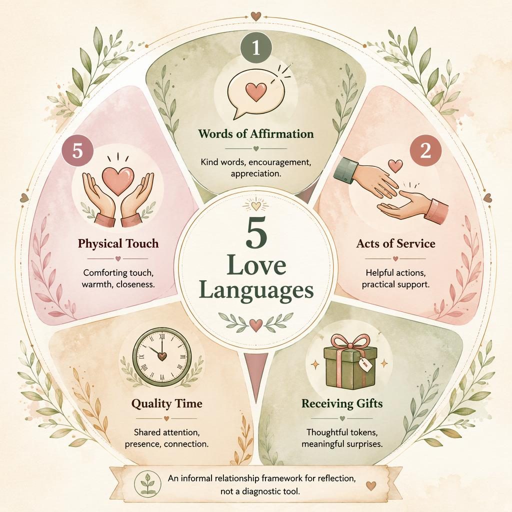 Infografía circular educativa sobre 5 Love Languages con cinco segmentos, iconos suaves y paleta salvia, rubor y crema.