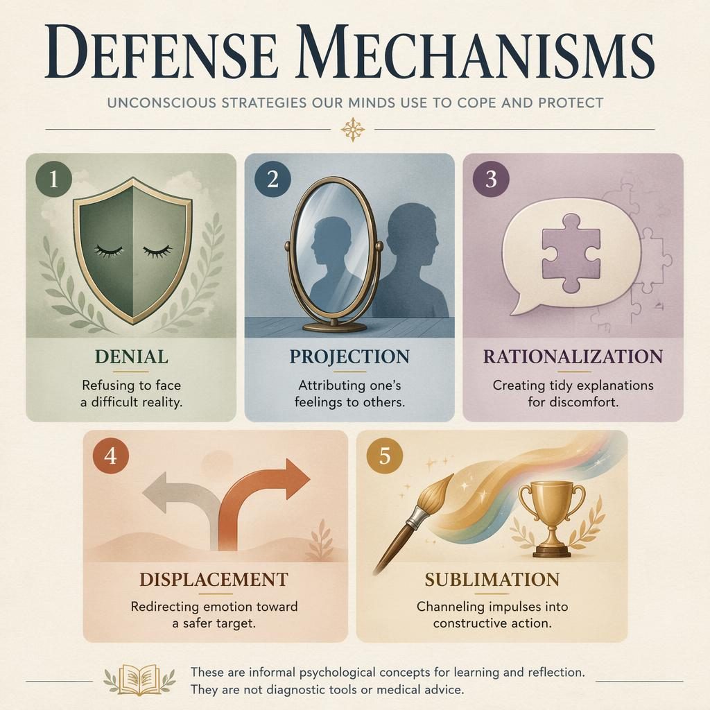 Educational Defense Mechanisms infographic with five numbered cards, icons, muted rainbow palette, and English footer note.