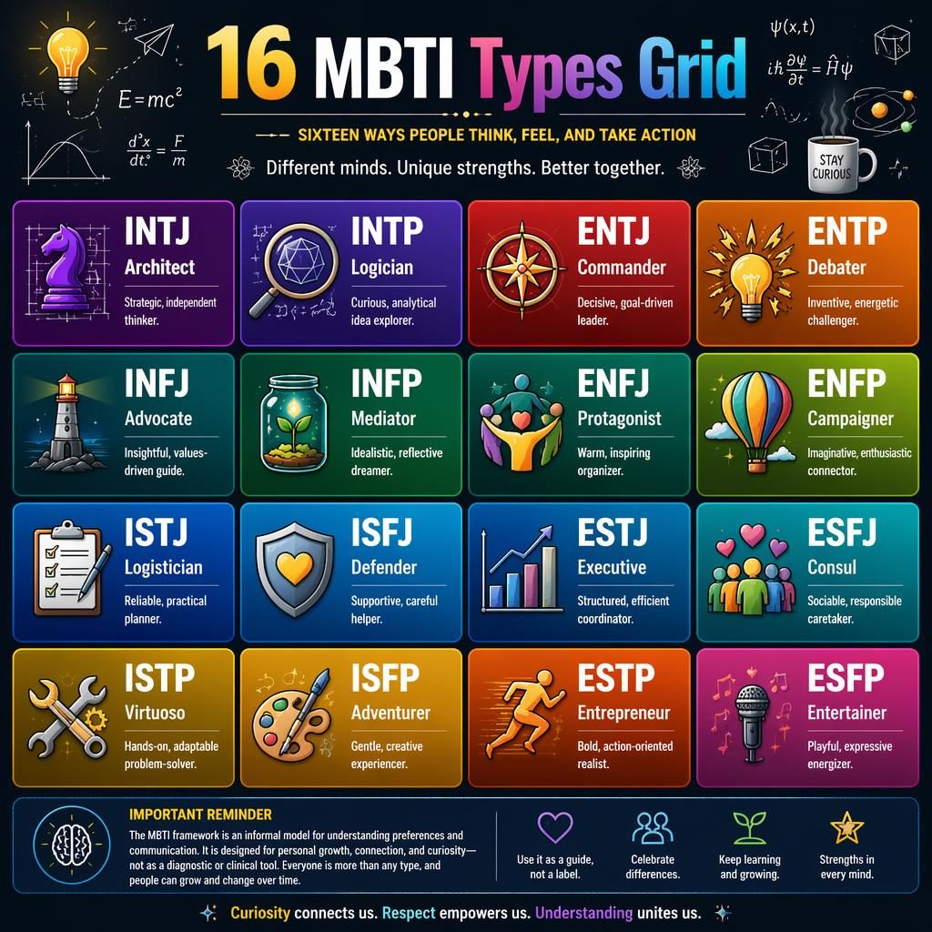 Editorial infographic poster showing a 4x4 MBTI types grid with gradients, icons, physics sketches, and English labels.