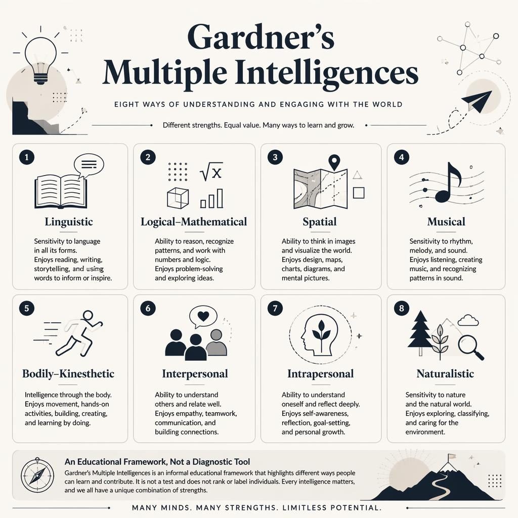 Póster infográfico en cuadrícula con 8 tarjetas numeradas sobre inteligencias múltiples, iconos minimalistas y nota educativa.