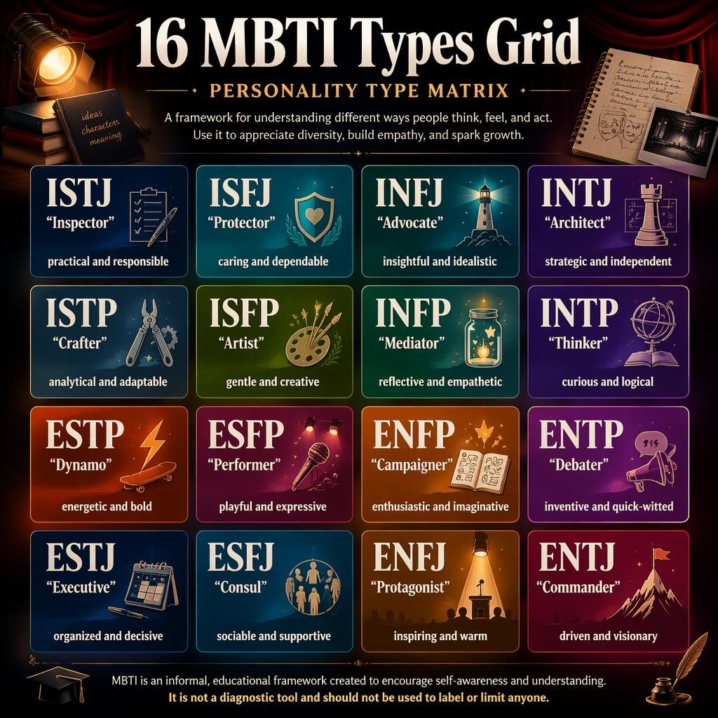 Editorial psychology infographic showing a 4x4 grid of 16 MBTI types with names, traits, icons, and theater-inspired styling.