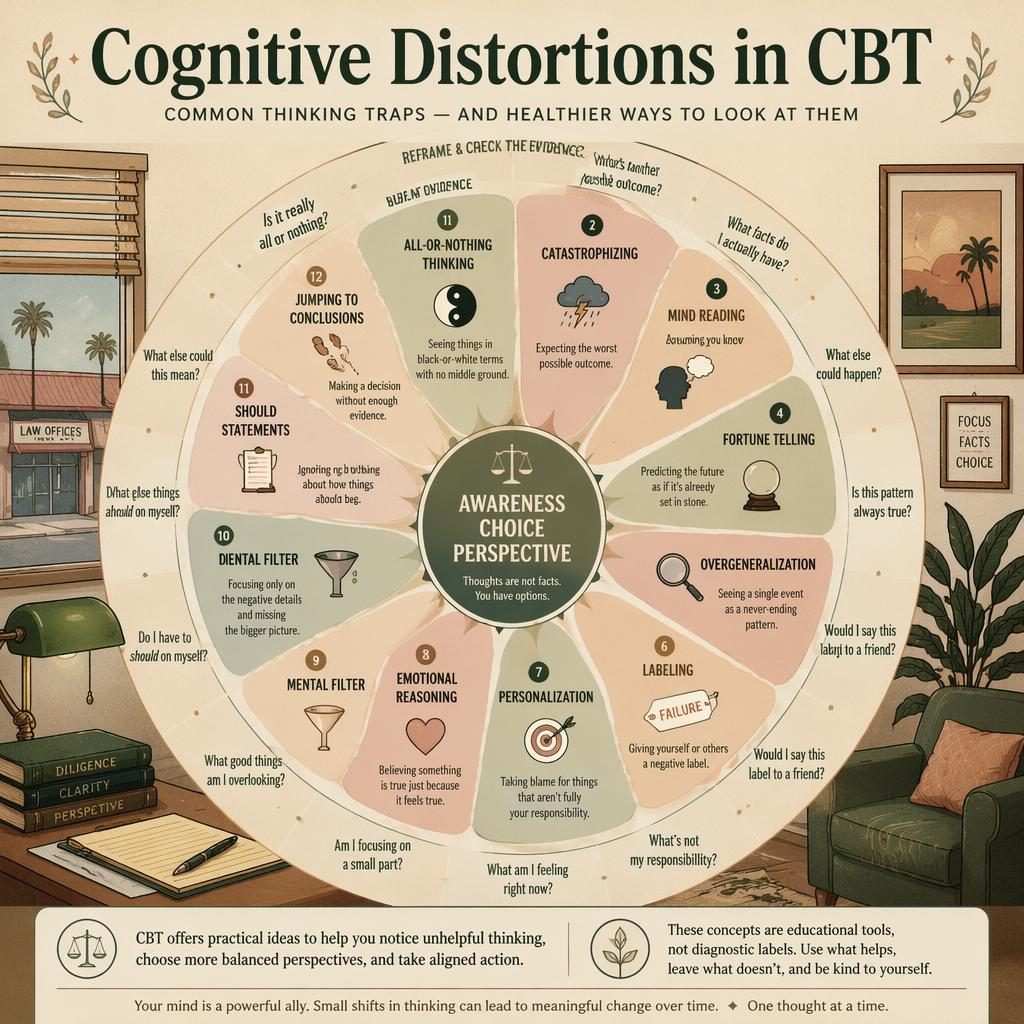 Educational CBT cognitive distortions wheel infographic with 12 labeled segments, small icons, sage and blush palette, textured paper.