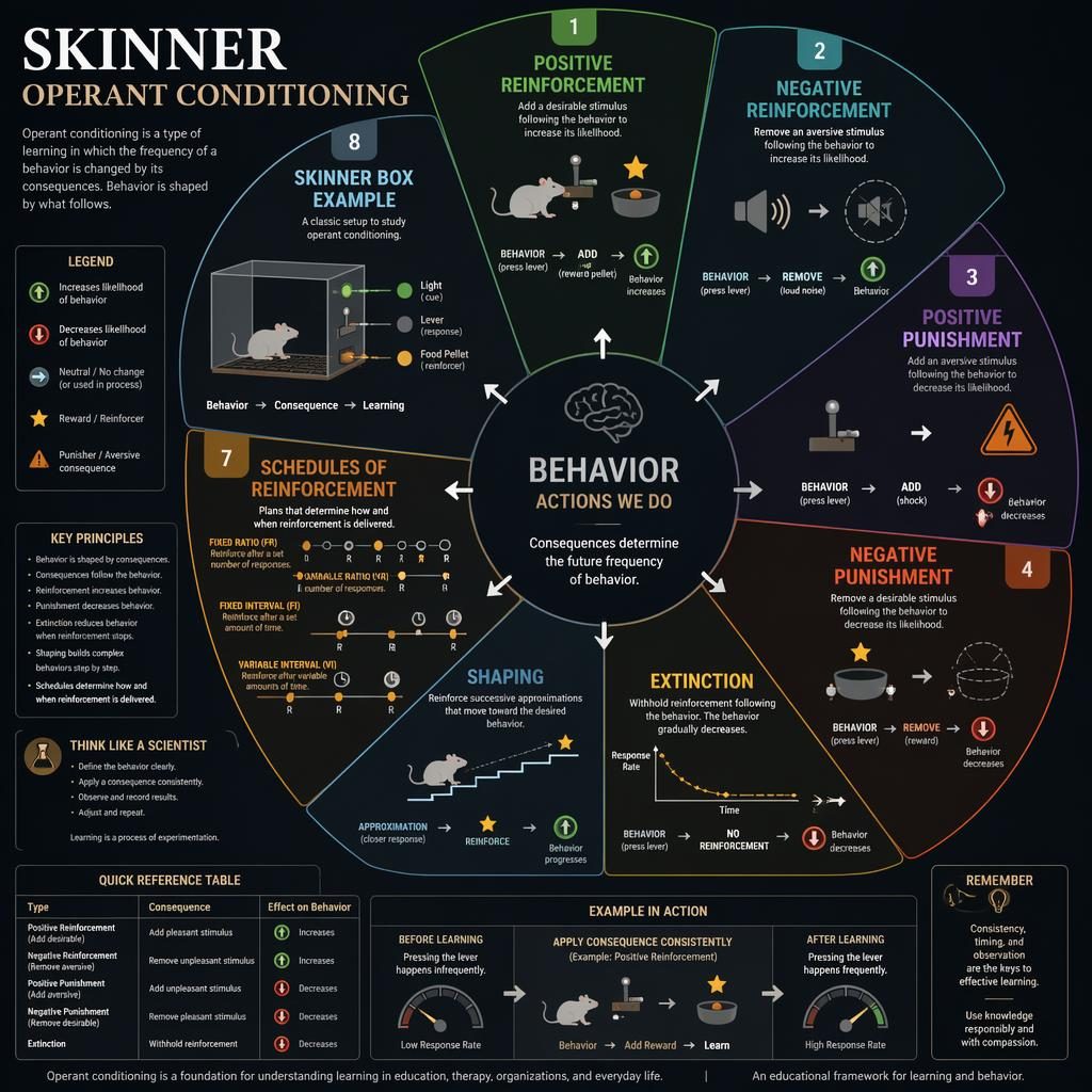 Dark mode psychology infographic on Skinner operant conditioning with 8 labeled segments, icons, arrows, charts, and textbook-style layout.