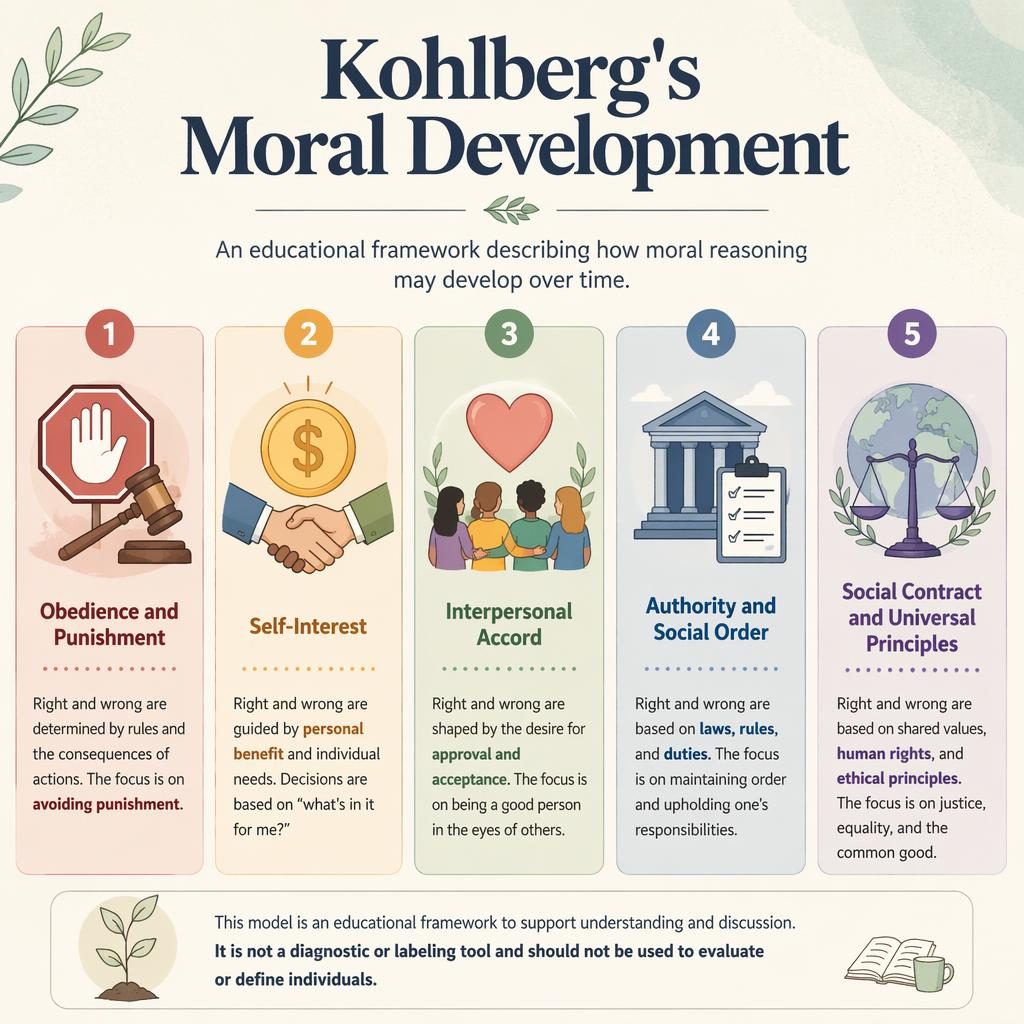 Editorial-style psychology infographic with five numbered cards, muted rainbow icons, and footer educational note.