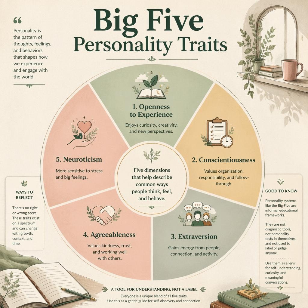 Editorial infographic wheel of the Big Five traits with 5 labeled segments, icons, captions, and educational side notes.