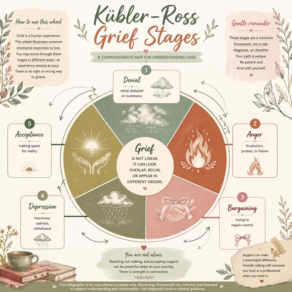 Hand-illustrated grief stages wheel infographic with 5 radial segments, icons, arrows, sage blush palette, and notes.