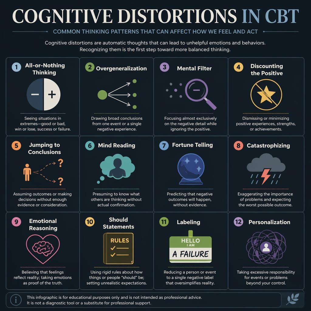Dark mode CBT infographic poster grid with 12 numbered cognitive distortion cards, icons, English captions, and footer note.