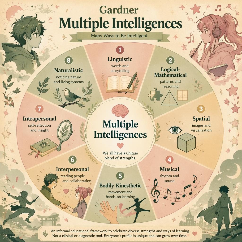 Circular Multiple Intelligences psychology infographic with 8 illustrated segments, icons, sage and blush palette, and footer note