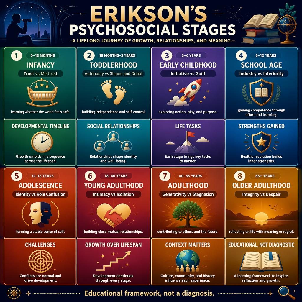 4x4 psychology poster showing Erikson's 8 psychosocial stages and 8 support cards in a bold gradient grid layout.
