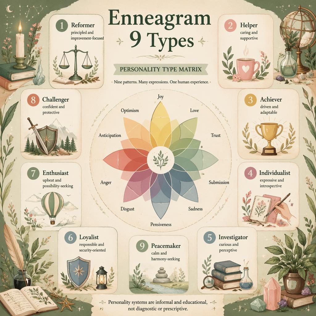 Warm illustrated Enneagram 9 Types poster with a central emotion wheel and 9 numbered personality cards in sage and blush.