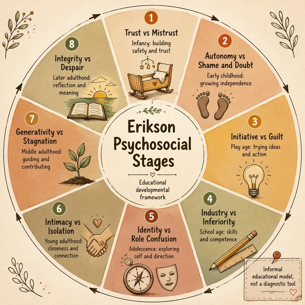 Hand-drawn circular infographic of Erikson’s 8 psychosocial stages with icons, warm earth tones, arrows, and center title.