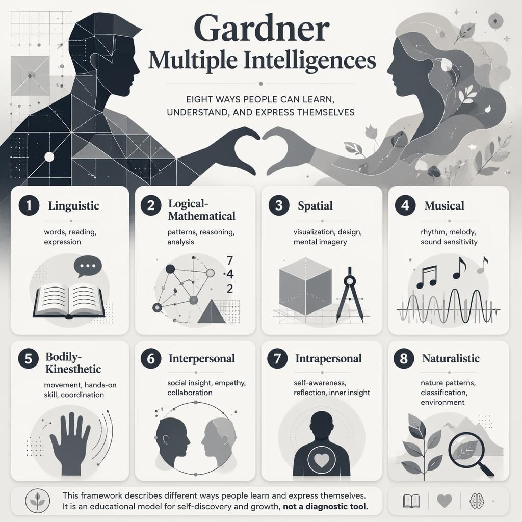 Monochrome psychology infographic poster with 8 numbered cards for Gardner multiple intelligences, icons, captions, and abstract figures.