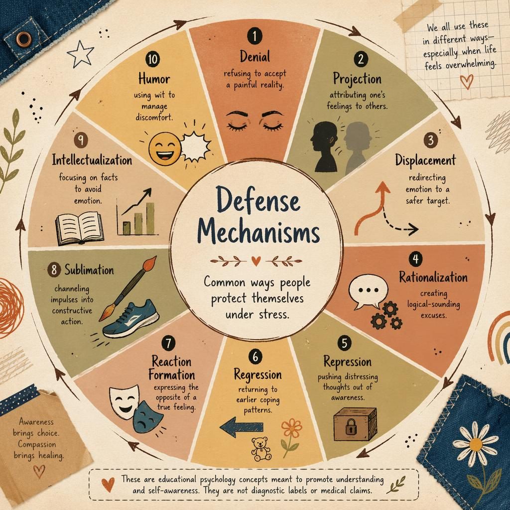 Sketchnote-style psychology wheel infographic on defense mechanisms in warm earth tones with 10 labeled segments and icons.