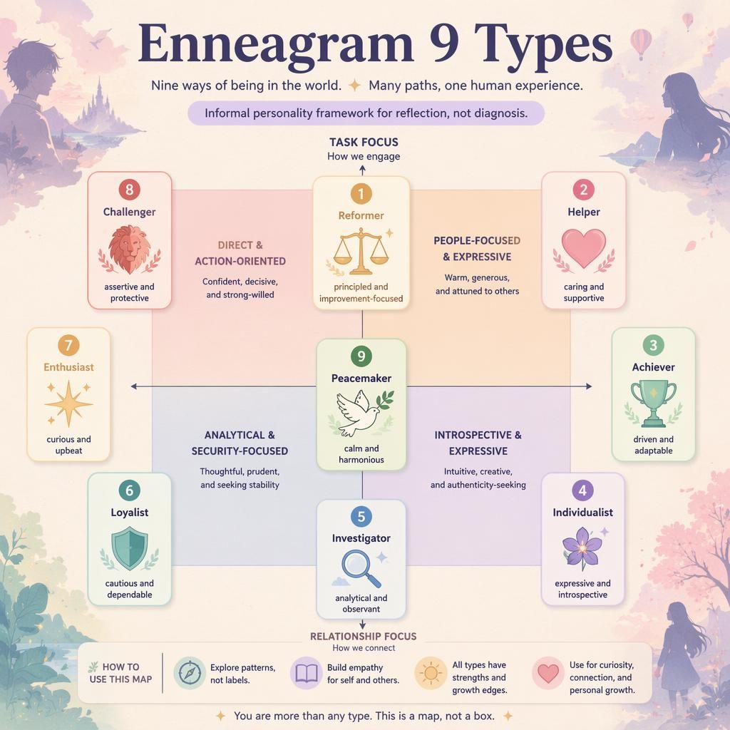 Pastel psychology infographic showing a 2x2 quadrant with 9 Enneagram type cards, icons, soft labels, and an informal note.