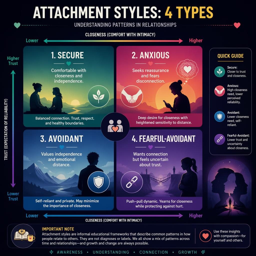 Editorial psychology infographic showing 4 attachment styles in a bold 2x2 quadrant with icons, arrows, and footer note.