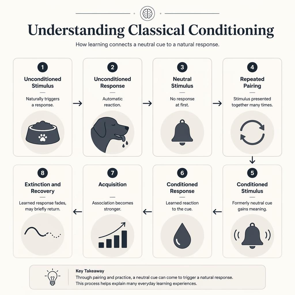 Minimal monochrome psychology infographic grid with 8 numbered cards, icons, captions, and flow arrows on classical conditioning.
