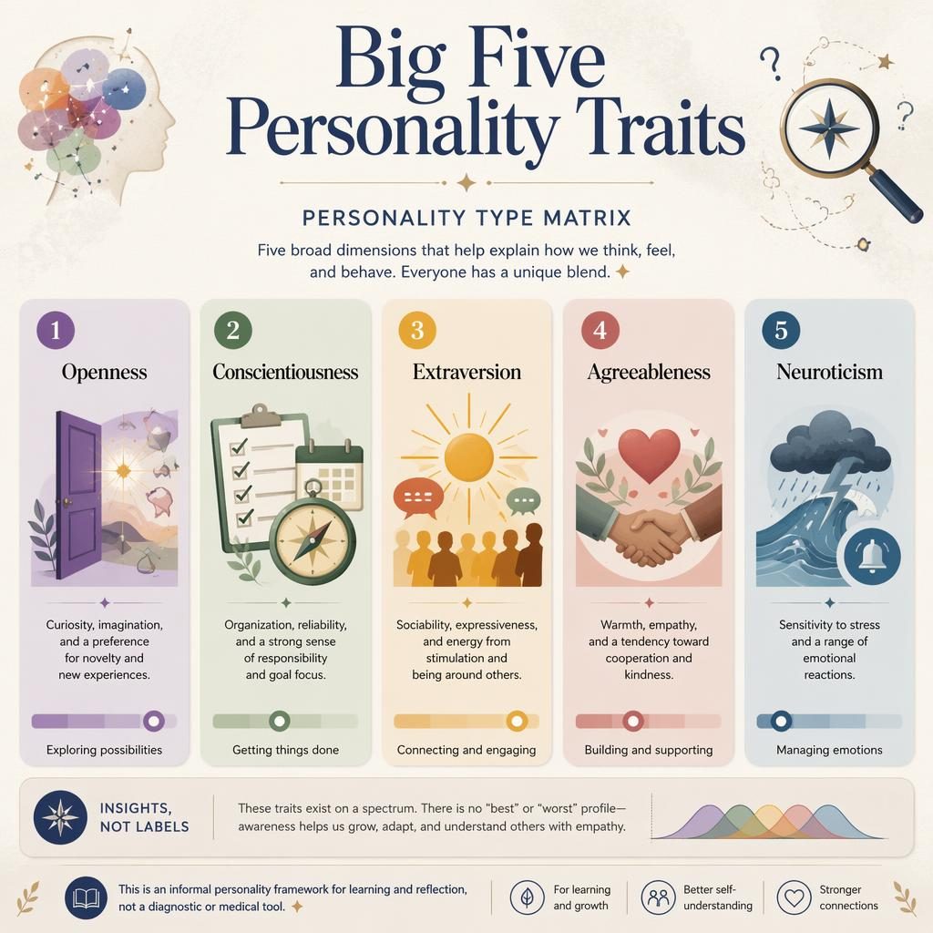 Editorial infographic with 5 numbered Big Five trait cards, muted rainbow icons, clean typography, and educational footer note.